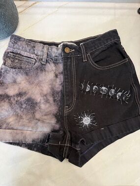 American Apparel Two-Tone Black Tie-Dye Embroidered Jean Shorts